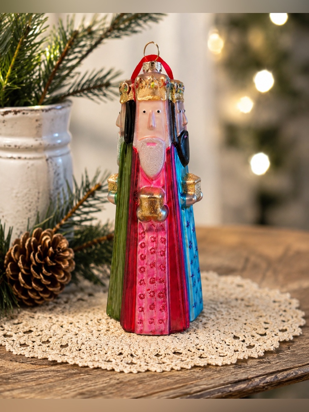 Three Wise Men 3-Sided Glass Christmas Ornament Nativity Kings 6.5 Inch